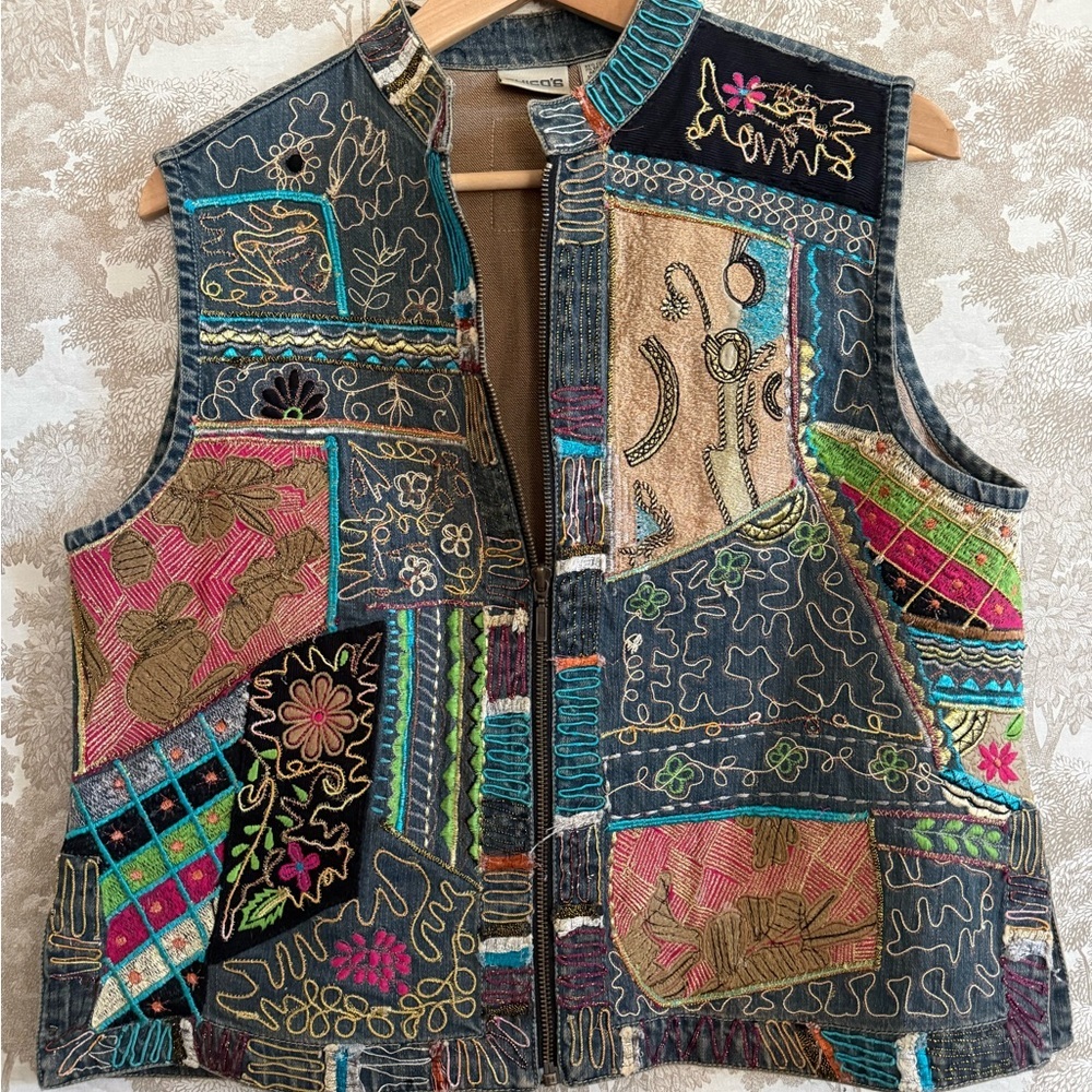 Vintage Embroidered Patchwork Denim Vest